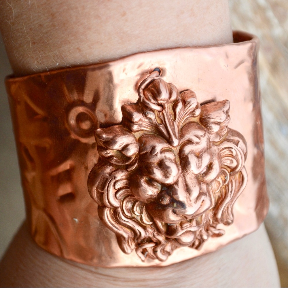 Solid Copper Lion Wide Cuff Bracelet Steampunk - Picture 2 of 8